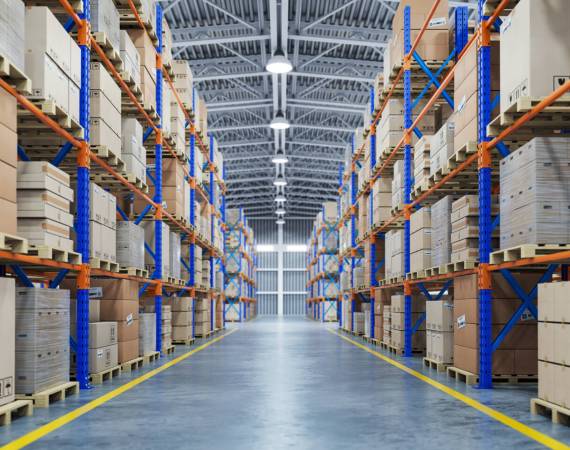 Warehouse or storage and shelves with cardboard boxes. Industrial background. 3d illustration